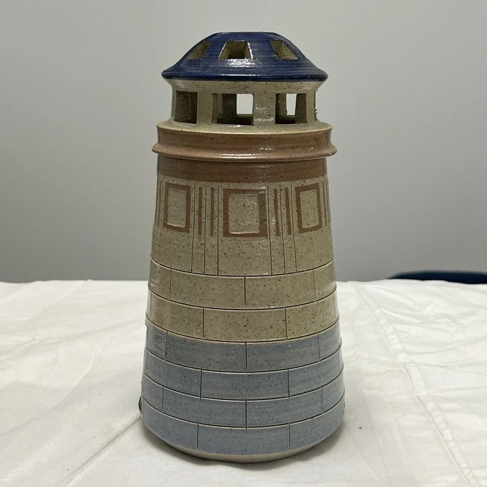 Vtg Gills Rock Stoneware Handcrafted Lighthouse Oil Lamp Candle Holder Coastal